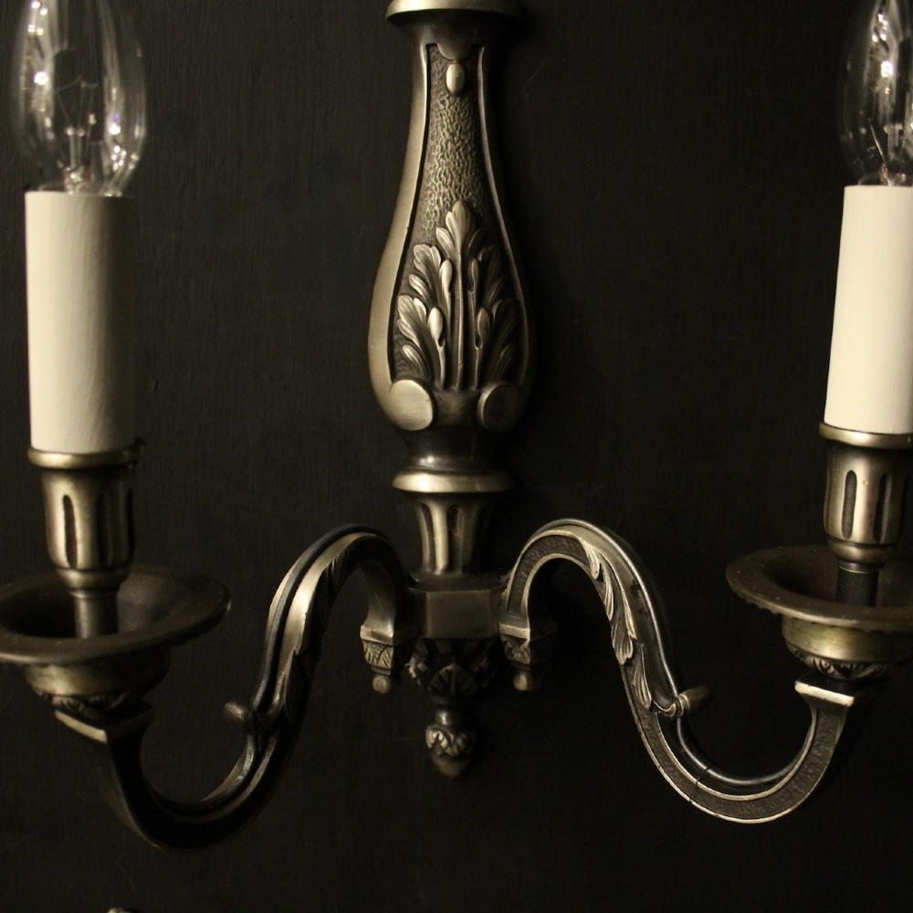 A set of six French twin-branch wall lights crafted from silver gilded metal with central acanthus backplates. View IV