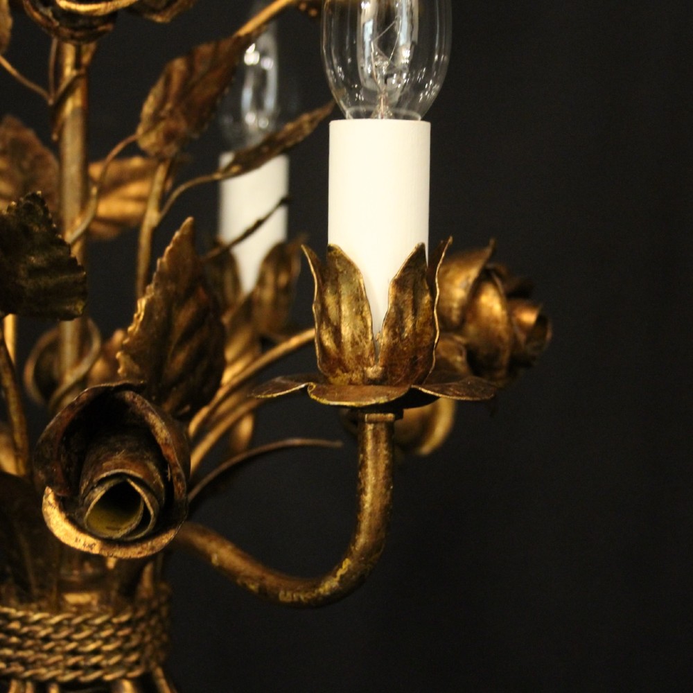 A French gilt metal triple-light chandelier styled with hand-formed metal rose blossoms, leaves, and a tied sheaf motif at the base. View VIII