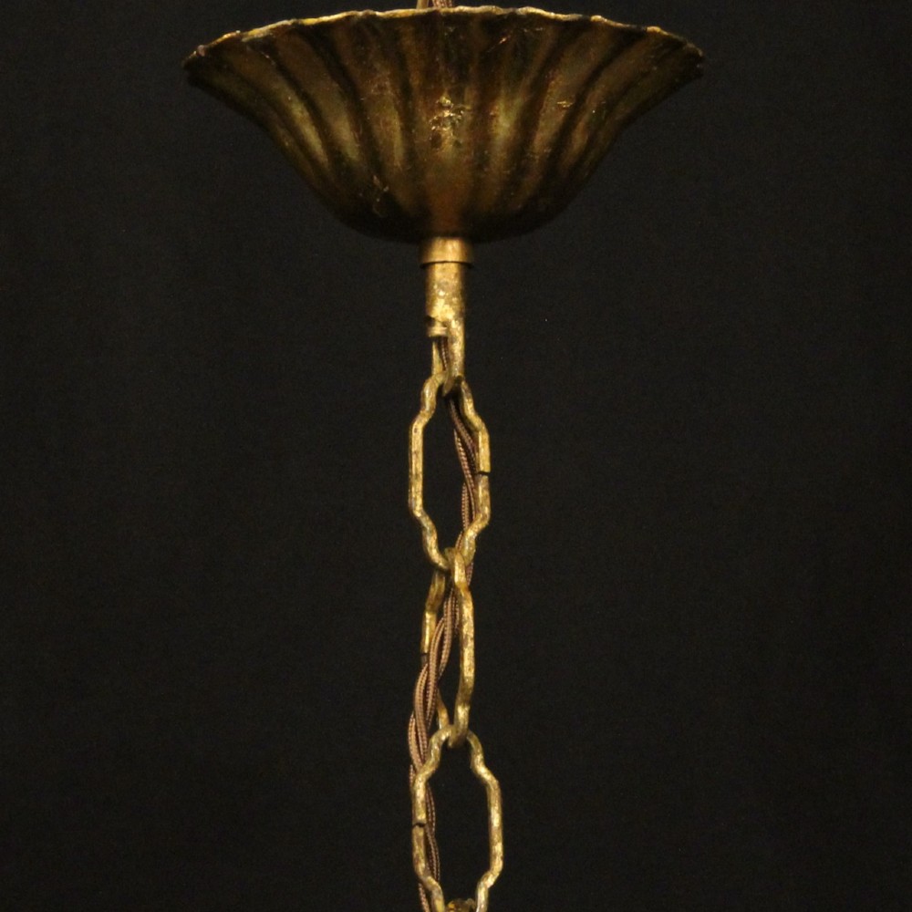 A French gilt metal triple-light chandelier styled with hand-formed metal rose blossoms, leaves, and a tied sheaf motif at the base. View X