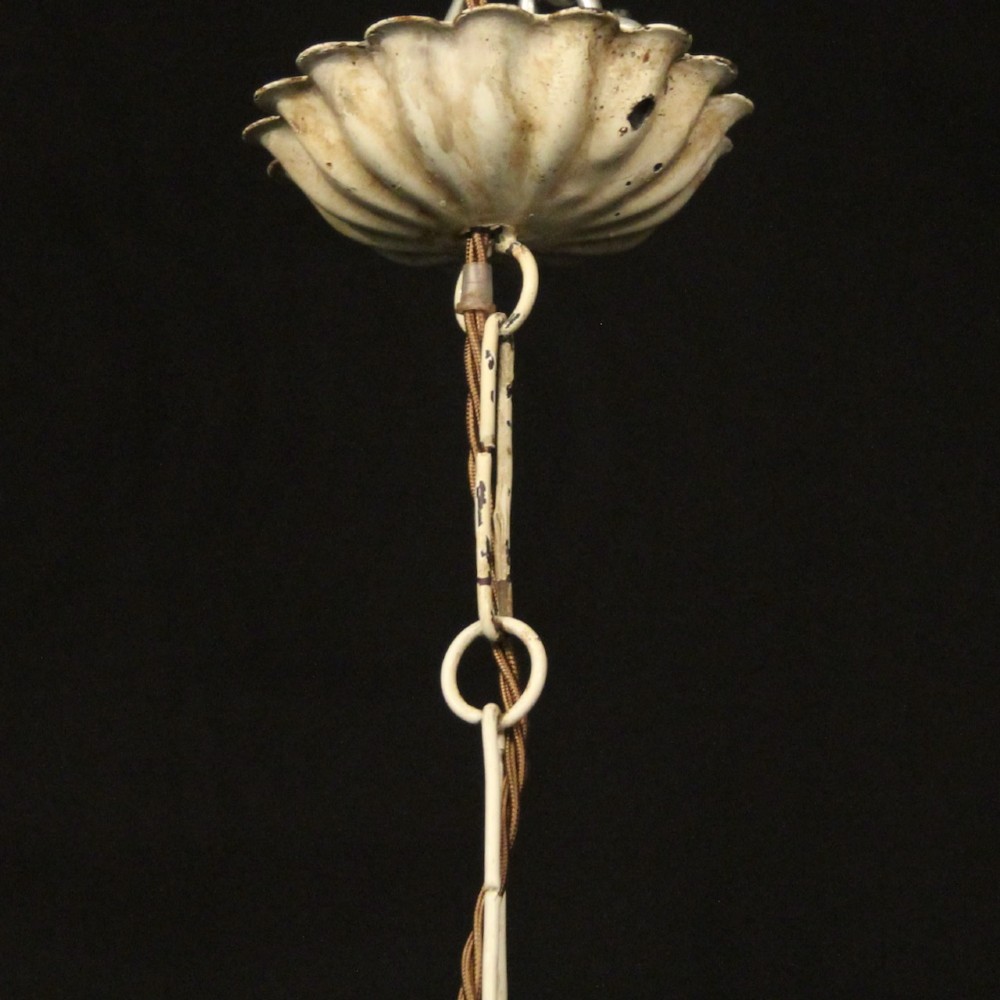 A French toleware four-light chandelier featuring cream candle sleeves, hand-painted green vine leaves, and dark grape clusters surrounding a central stem. View X