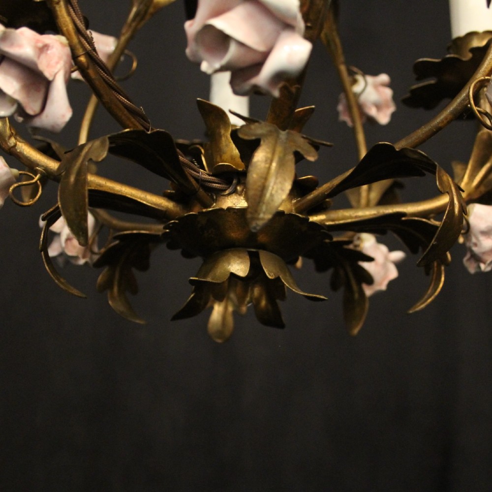 A four-light French toleware chandelier featuring gilded metal leaf branches adorned with small pink porcelain rose blossoms. View VIII