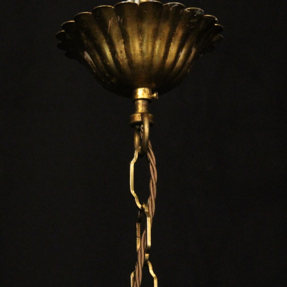 A four-light French toleware chandelier featuring gilded metal leaf branches adorned with small pink porcelain rose blossoms. View X