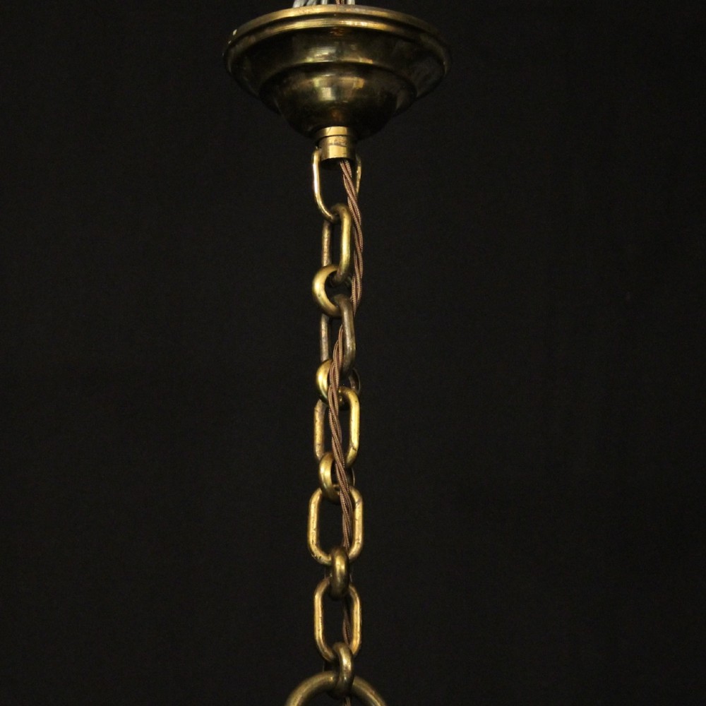 A cylindrical French hall lantern with a gilt brass frame, convex glass panels, and an internal three-light candelabra fitting suspended by a ring. View X