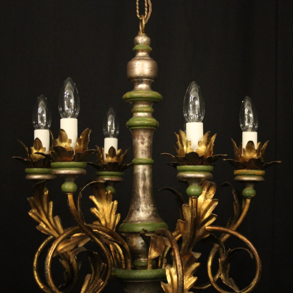 A Florentine six-arm giltwood chandelier featuring hand-carved acanthus leaves, turned central column, green painted accents, and distressed gold leaf finish. View VIII