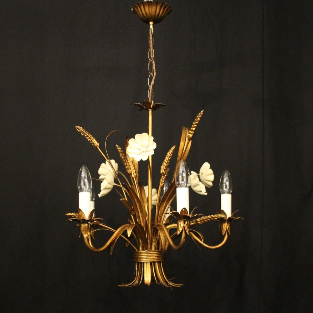 A French five-light gilded metal chandelier featuring a central wheatsheaf motif with cream painted flowers and candle-style bulb sockets. View II