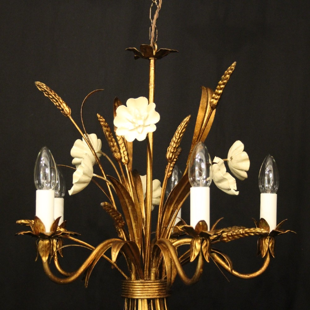 A French five-light gilded metal chandelier featuring a central wheatsheaf motif with cream painted flowers and candle-style bulb sockets. View III