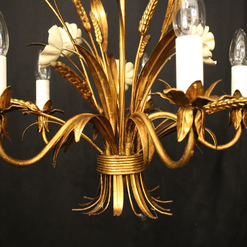 A French five-light gilded metal chandelier featuring a central wheatsheaf motif with cream painted flowers and candle-style bulb sockets. View VIII