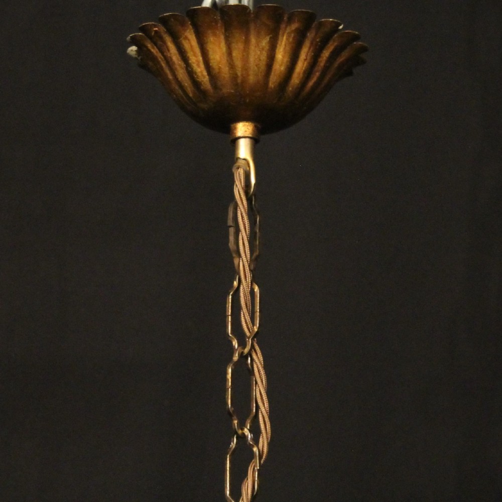 A French five-light gilded metal chandelier featuring a central wheatsheaf motif with cream painted flowers and candle-style bulb sockets. View X
