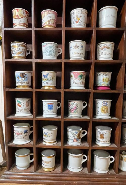 LARGE BARBERSHOP COLLECTION OF 36 AMERICAN SHAVING MUGS AND MAHOGANY STAND - ADDITIONAL PHOTO 1