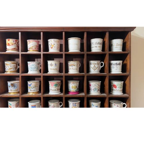 LARGE BARBERSHOP COLLECTION OF 36 AMERICAN SHAVING MUGS AND MAHOGANY STAND - ADDITIONAL PHOTO 2