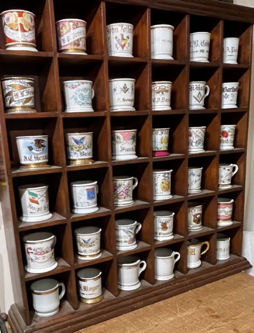 LARGE BARBERSHOP COLLECTION OF 36 AMERICAN SHAVING MUGS AND MAHOGANY STAND - ADDITIONAL PHOTO 4