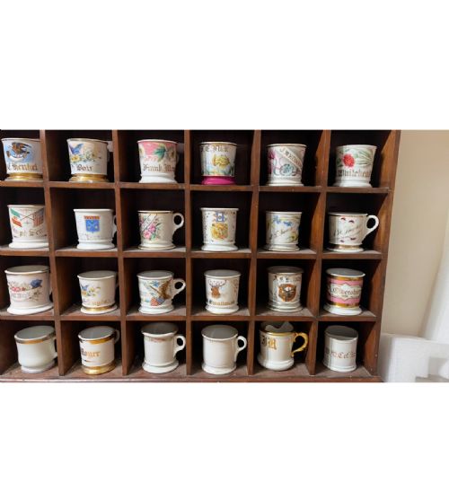 LARGE BARBERSHOP COLLECTION OF 36 AMERICAN SHAVING MUGS AND MAHOGANY STAND - ADDITIONAL PHOTO 5