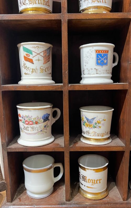 LARGE BARBERSHOP COLLECTION OF 36 AMERICAN SHAVING MUGS AND MAHOGANY STAND - ADDITIONAL PHOTO 6
