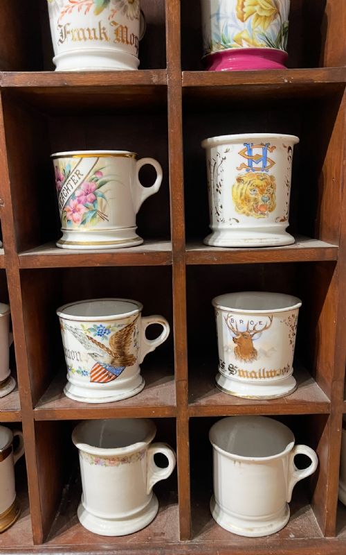 LARGE BARBERSHOP COLLECTION OF 36 AMERICAN SHAVING MUGS AND MAHOGANY STAND - ADDITIONAL PHOTO 7