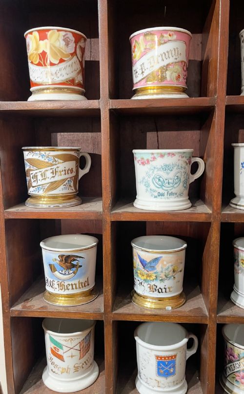 LARGE BARBERSHOP COLLECTION OF 36 AMERICAN SHAVING MUGS AND MAHOGANY STAND - ADDITIONAL PHOTO 8
