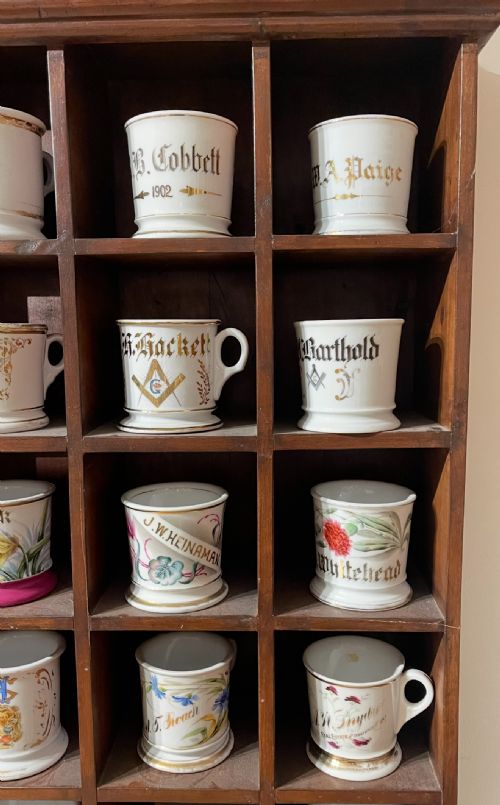 LARGE BARBERSHOP COLLECTION OF 36 AMERICAN SHAVING MUGS AND MAHOGANY STAND - ADDITIONAL PHOTO 10