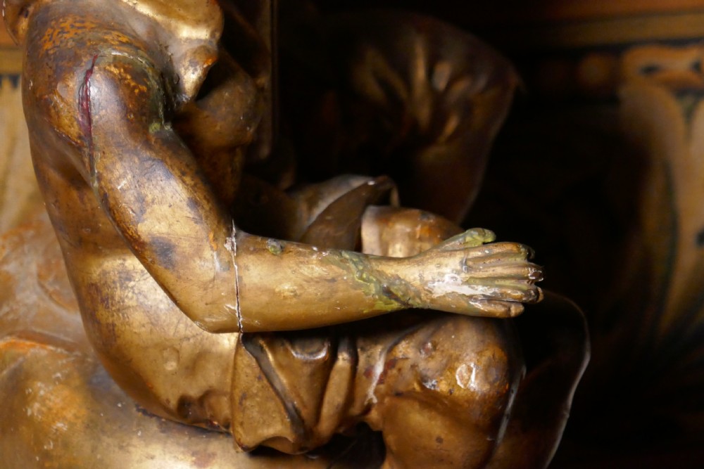An 18th-century gilded carving featuring a central fluted column flanked by two seated mythological figures on an octagonal base. View XIII