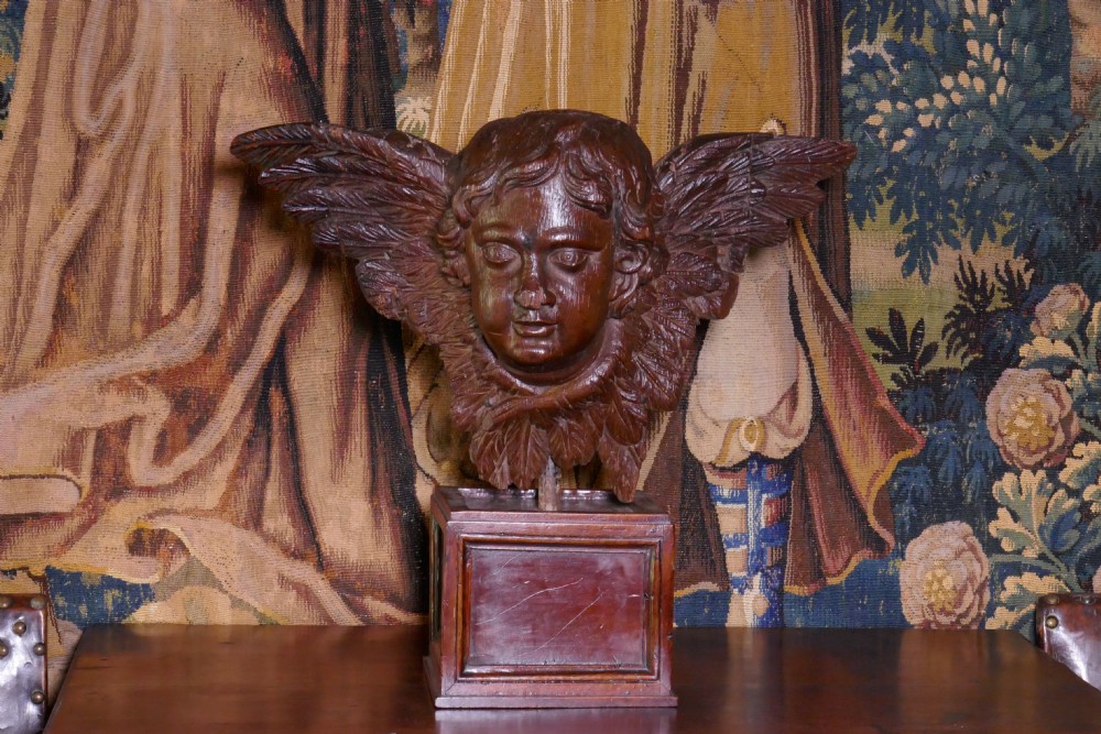 A dark carved oak winged cherub head with detailed feathering and curled hair, mounted upon a wooden square plinth base.