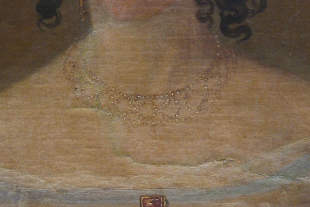 An antique oil painting on canvas depicting a woman with dark ringleted hair wearing an off-the-shoulder dress with lace detail. View III