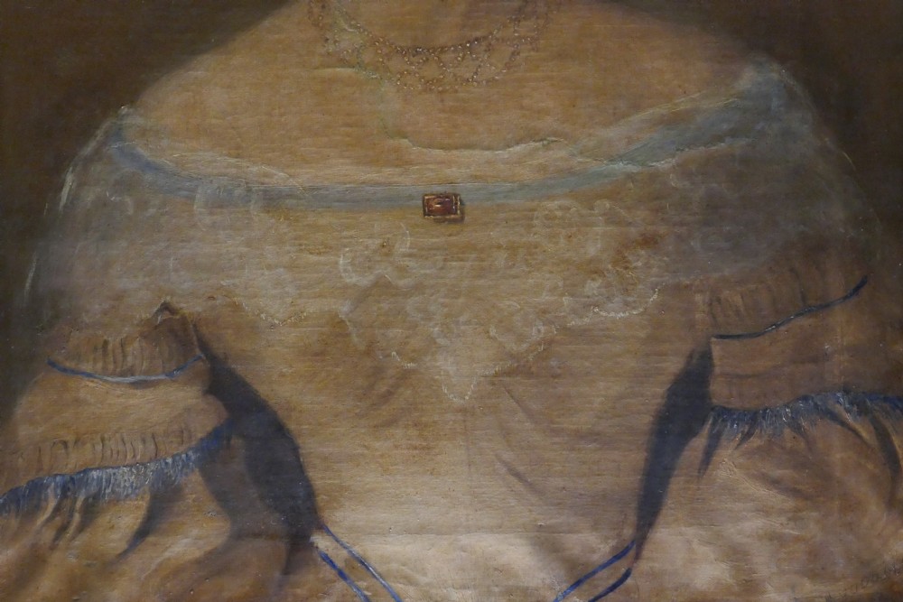 An antique oil painting on canvas depicting a woman with dark ringleted hair wearing an off-the-shoulder dress with lace detail. View IV