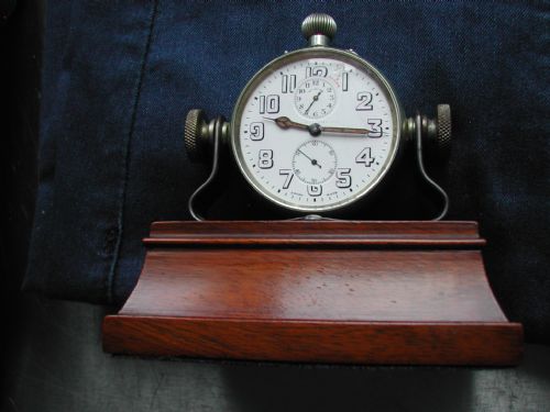 ZENITH LARGE WW1 ALARM POCKET WATCH MOUNTED ON A LAND SEA AIR BRACKET ON A MAHOGANY STAND - ADDITIONAL PHOTO 1