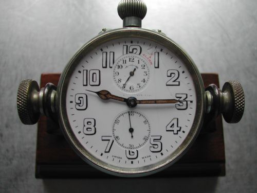 ZENITH LARGE WW1 ALARM POCKET WATCH MOUNTED ON A LAND SEA AIR BRACKET ON A MAHOGANY STAND - ADDITIONAL PHOTO 3