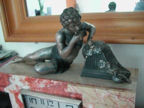 ART DECO MARBLE CLOCK MOUNTED WITH PAN PLAYING PIPES TO A DOVE OF PEACE - ADDITIONAL PHOTO 3