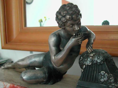 ART DECO MARBLE CLOCK MOUNTED WITH PAN PLAYING PIPES TO A DOVE OF PEACE - ADDITIONAL PHOTO 4