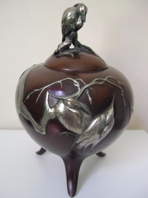 a fine japanese mixed media bronze koro decorated with heron in high relief signed seiya meiji perod - CATEGORY: ANTIQUE METAL - DATED 1890