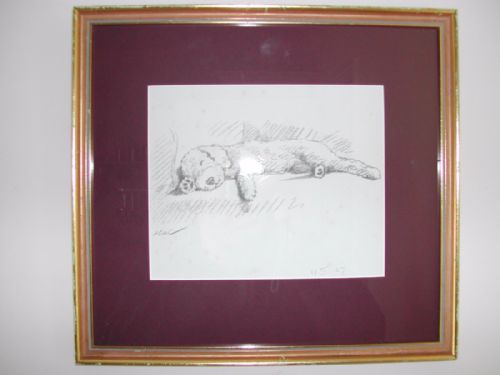 mac a fine and amusing pencil sketch of a young dog asleep on a chair dated 1937 - CATEGORY: ANTIQUE ART - DATED 1940