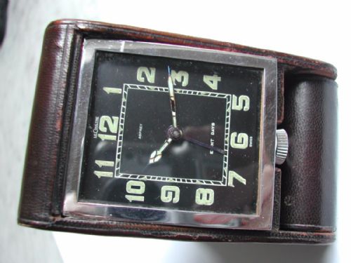 RARE 1940'S LEATHER CASED FOLDING TRAVEL ALARM CLOCK RETAILED BY ASPREYS MADE BY JAEGER LECOULTRE - ADDITIONAL PHOTO 6