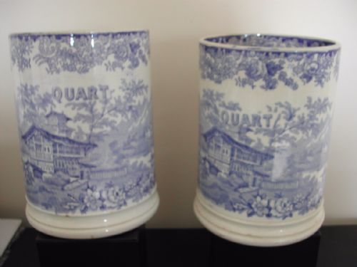 a pair of english pottery blue and white transfer print quart tankards circa 1830 - CATEGORY: ANTIQUE CERAMICS - DATED 19TH CENTURY