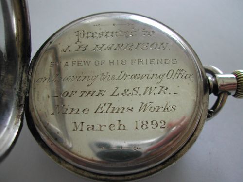 FOR SALE THIS EXTREMELY RARE AND FINE LONDON SOUTH WESTERN RAILWAY PRESENTATION POCKET WATCH BY JOHN WALKER DATED 1892 - ADDITIONAL PHOTO 6