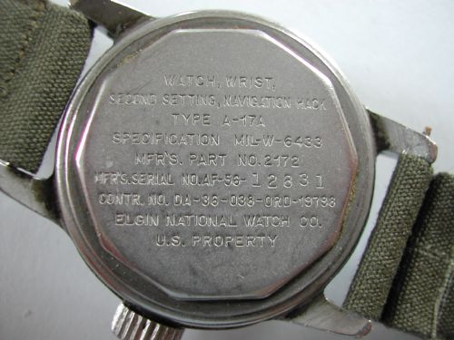 US AIR FORCE ELGIN TYPE A17A 18 JEWEL MILITARY ISSUED PILOTS WATCH CIRCA 1956 - ADDITIONAL PHOTO 6