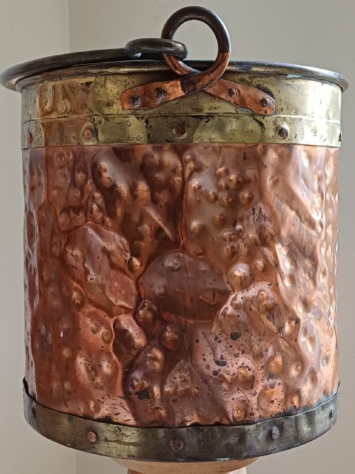 ARTS CRAFTS COPPER BRASS FIRESIDE LOG BUCKET CIRCA 1920 - ADDITIONAL PHOTO 1