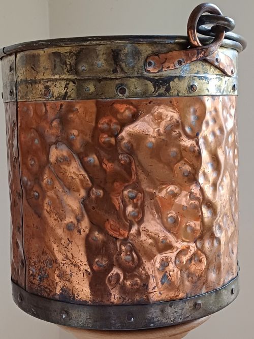 ARTS CRAFTS COPPER BRASS FIRESIDE LOG BUCKET CIRCA 1920 - ADDITIONAL PHOTO 4