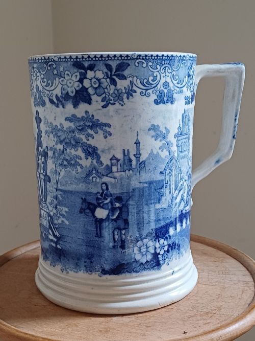 large blue white transfer print tankard circa 1880 - CATEGORY: ANTIQUE CERAMICS - DATED 1880
