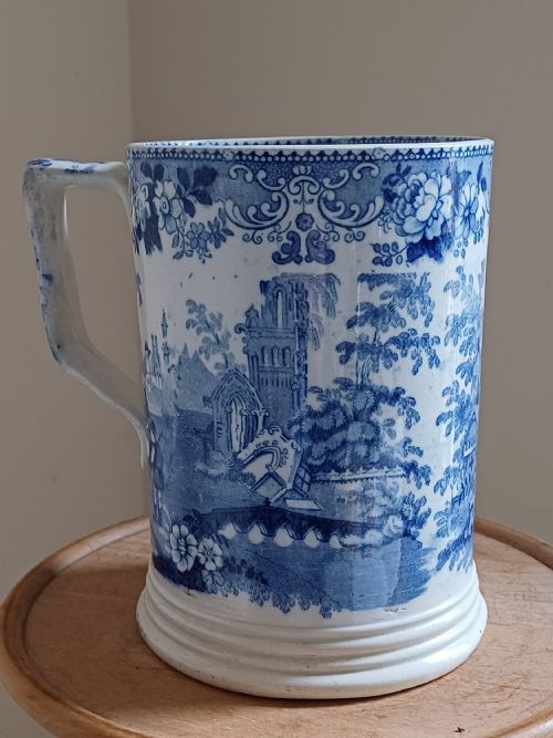 LARGE BLUE WHITE TRANSFER PRINT TANKARD CIRCA 1880 - ADDITIONAL PHOTO 4