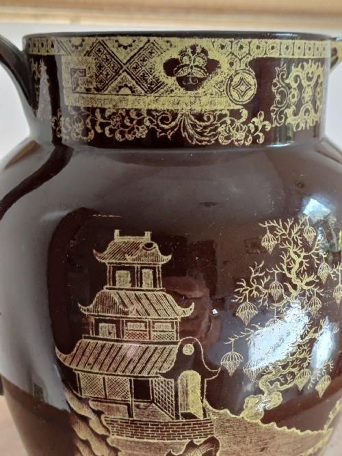 GEORGE 111 PERIOD RARE DARK BROWN AND YELLOW TRANSFER CHINOISERIE PRINT JUG DATING C 1810 1820 - ADDITIONAL PHOTO 4