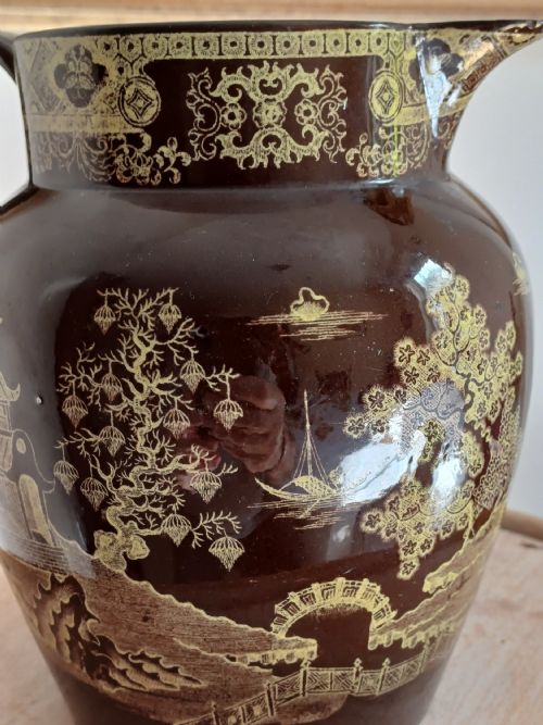 GEORGE 111 PERIOD RARE DARK BROWN AND YELLOW TRANSFER CHINOISERIE PRINT JUG DATING C 1810 1820 - ADDITIONAL PHOTO 5