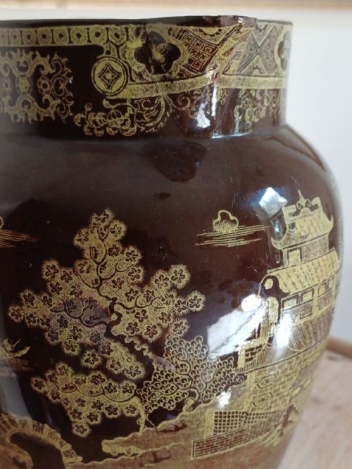GEORGE 111 PERIOD RARE DARK BROWN AND YELLOW TRANSFER CHINOISERIE PRINT JUG DATING C 1810 1820 - ADDITIONAL PHOTO 7