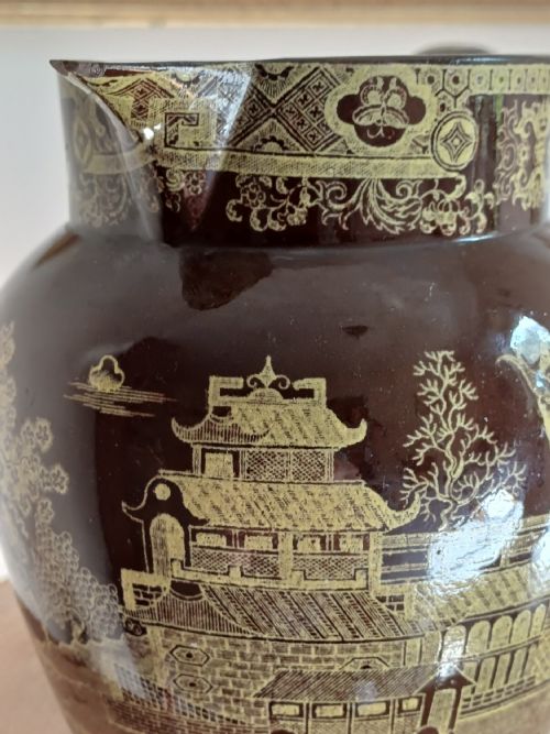 GEORGE 111 PERIOD RARE DARK BROWN AND YELLOW TRANSFER CHINOISERIE PRINT JUG DATING C 1810 1820 - ADDITIONAL PHOTO 9