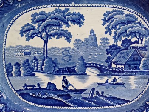 WILD ROSE PATTERN BLUE WHITE TRANSFER PRINT LARGE MEAT PLATE CIRCA 1850 - ADDITIONAL PHOTO 4