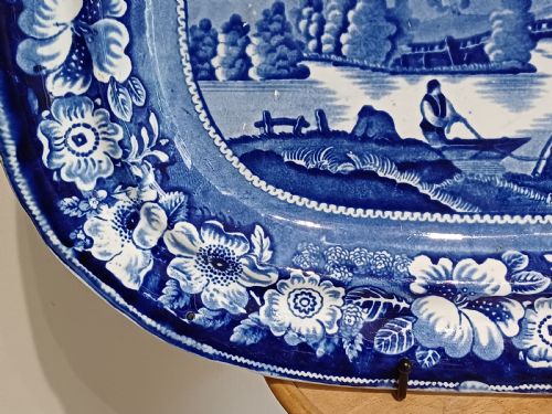 WILD ROSE PATTERN BLUE WHITE TRANSFER PRINT LARGE MEAT PLATE CIRCA 1850 - ADDITIONAL PHOTO 5