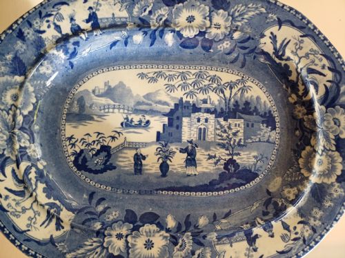 BLUE WHITE TRANSFER PRINT LARGE CHINESE GARDEN MEAT PLATE CIRCA 1840 - ADDITIONAL PHOTO 1