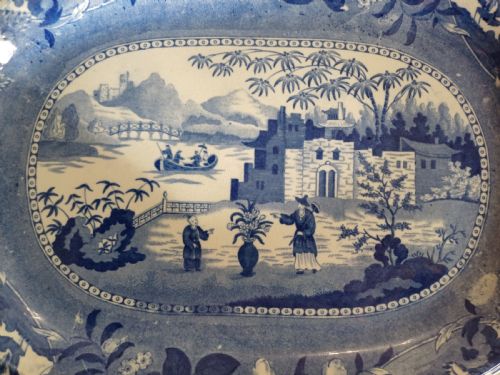 BLUE WHITE TRANSFER PRINT LARGE CHINESE GARDEN MEAT PLATE CIRCA 1840 - ADDITIONAL PHOTO 2
