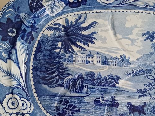 BLUE AND WHITE WATER DOG PATTERN TRANSFER PRINT MEAT DISH WITH GRAVY WELL DATING CIRCA 1825 - ADDITIONAL PHOTO 8