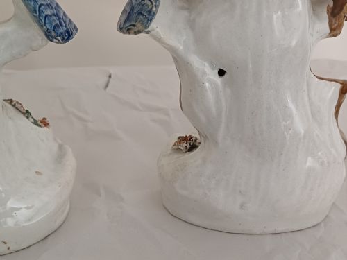 RESERVED AD A RARE PAIR OF STAFFORDSHIRE FIGURES OF A BIRD POSSIBLY A PIGEON OR DOVE SEATED ON A TREE WITH A NEST OF EGGS BELOW EACH ONE IS BRIGHTLY PAINTED AND DATING CIRCA 1860 - ADDITIONAL PHOTO 3
