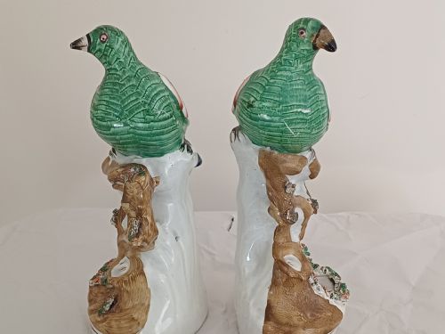 RESERVED AD A RARE PAIR OF STAFFORDSHIRE FIGURES OF A BIRD POSSIBLY A PIGEON OR DOVE SEATED ON A TREE WITH A NEST OF EGGS BELOW EACH ONE IS BRIGHTLY PAINTED AND DATING CIRCA 1860 - ADDITIONAL PHOTO 8