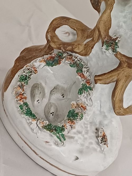 RESERVED AD A RARE PAIR OF STAFFORDSHIRE FIGURES OF A BIRD POSSIBLY A PIGEON OR DOVE SEATED ON A TREE WITH A NEST OF EGGS BELOW EACH ONE IS BRIGHTLY PAINTED AND DATING CIRCA 1860 - ADDITIONAL PHOTO 15
